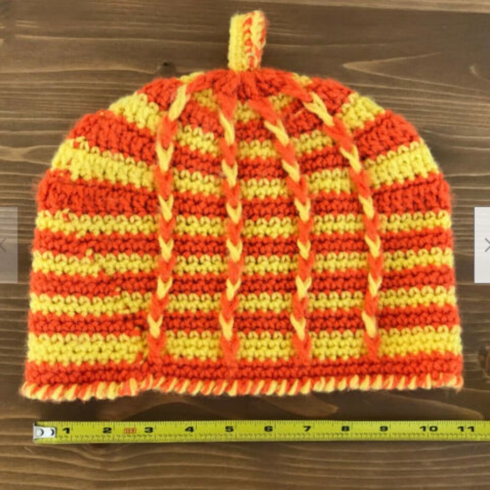 Vtg Hand Made Crochet Teapot Cozy Orange & Yellow Stripe Crocheted Tea Cosy